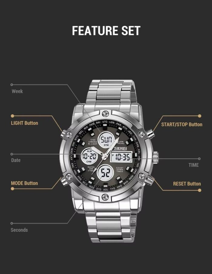 SKMEI 1389 Dual Display Waterproof Men’s Watch – Black (With Premium Box)